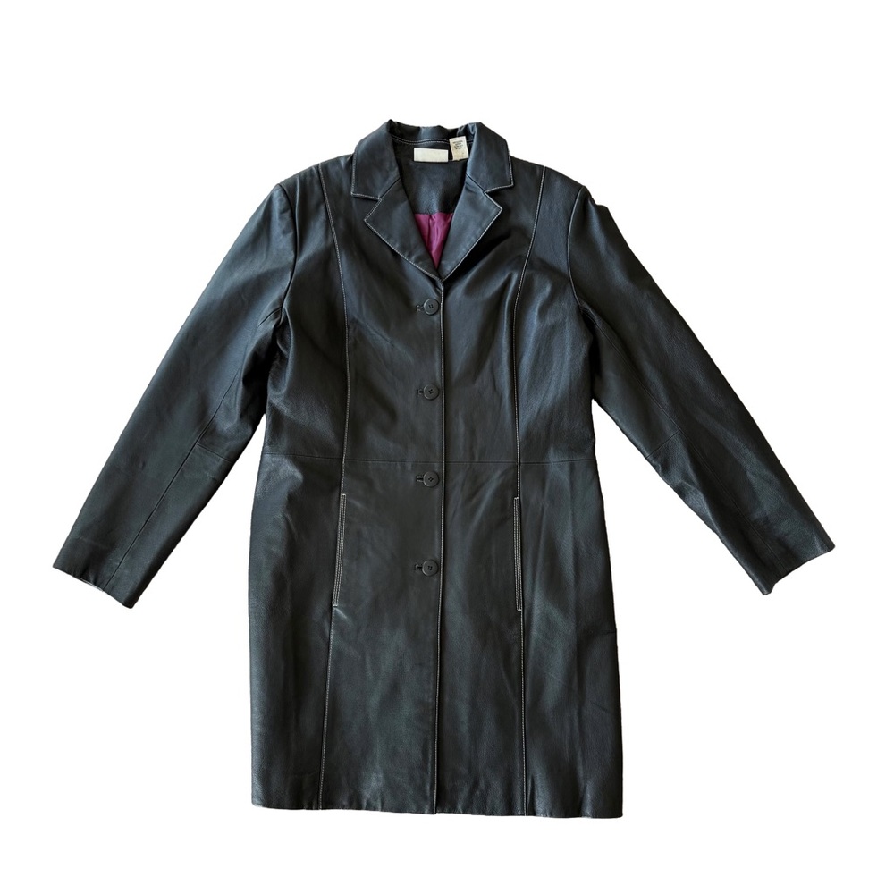 Kim Rogers Women Black 90s Western Genuine Leather Trench Coat Size L Vintage